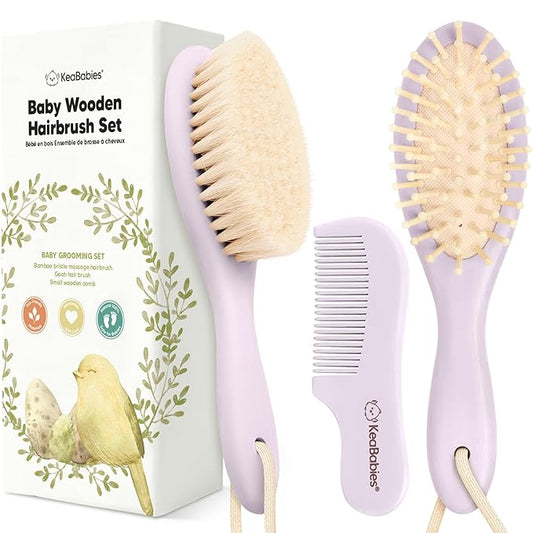 Baby Hair Brush and Comb Set for Newborn - Wooden Baby Hair Brush Set with Soft Goat Bristle, Baby Brush Set for Newborns, Baby Brush and Comb Set Girl, Boy, Toddler Cradle Cap Brush (Oval, Thistle)
