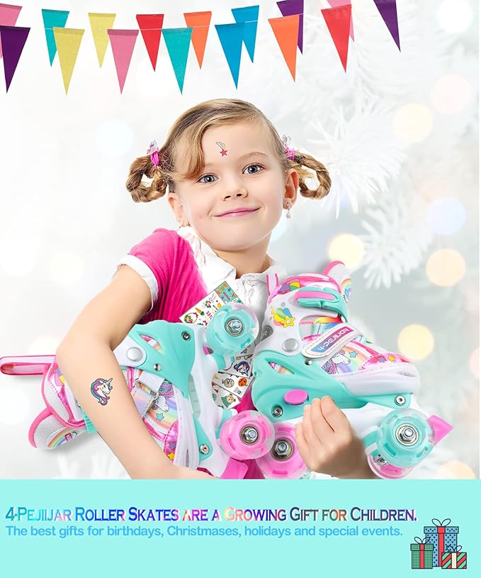4-Pejiijar Rainbow Unicorn Kids Roller Skates for Girls Toddler Ages 2-4 5-8 8-12,Adjustable Roller Shoes with Luminous Wheels for Birthday Xmas Gifts