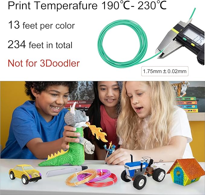 18 Colors 3D Pen Filament Refills Compatible with SCRIB3D MYNT3D PIKA3D 3D Pen for Kids Per Color 10Feet 1.75mm PLA 3D Printing Pen Filament Refills, NOT FIT 3Doodler Start Pen