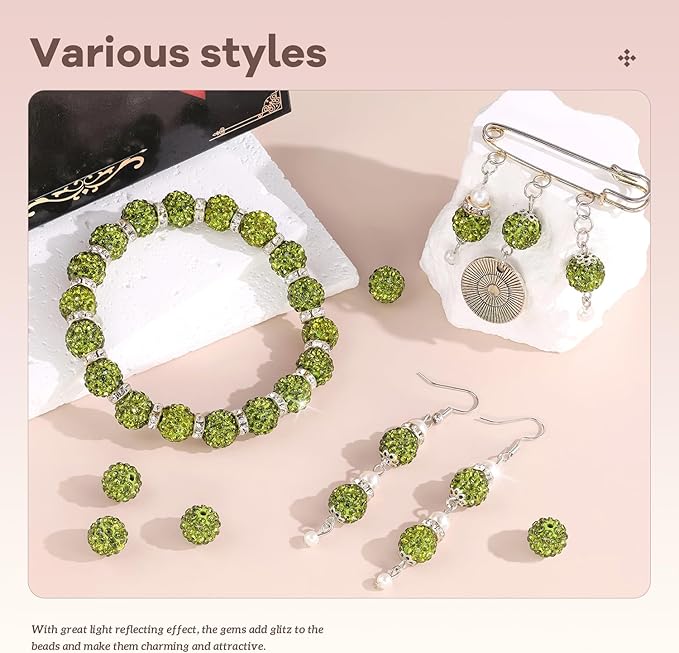 200pcs 10mm Rhinestone Beads for Jewelry Making, Olivine Shiny Round Disco Ball Beads Bulk, Sparkle Crystal Clay Christmas for Bracelet Baseball Necklace Earring Crafting and DIY