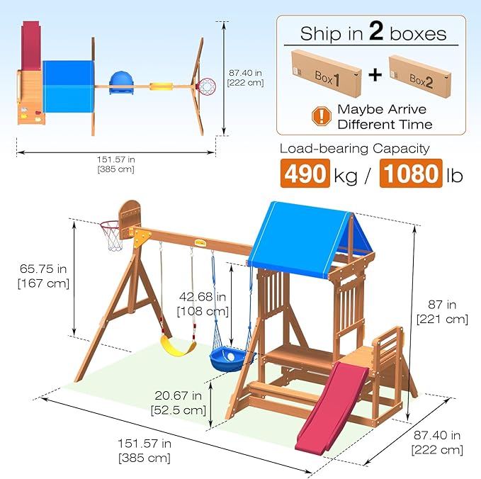 Kids Swing Sets for Backyard, Wooden Playground Sets for Ages 3-6 with a Wave Slide, Rock Climbing Wall, Sandbox, 2 Swings, and More,6-in-1 Outdoor Playset