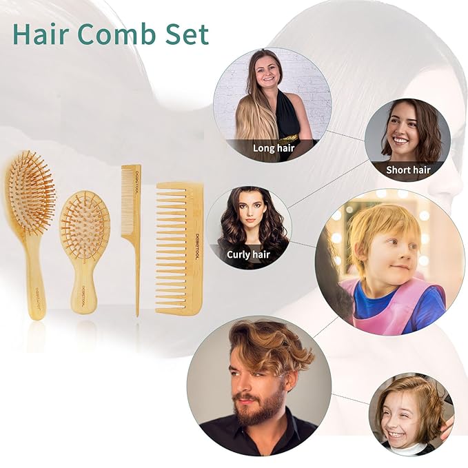 Bamboo Hair Brush Set - Natural Bamboo Paddle Detangling Hairbrush and Comb Set, Suit for Thick/Thin -Gift for Women Men and Kids