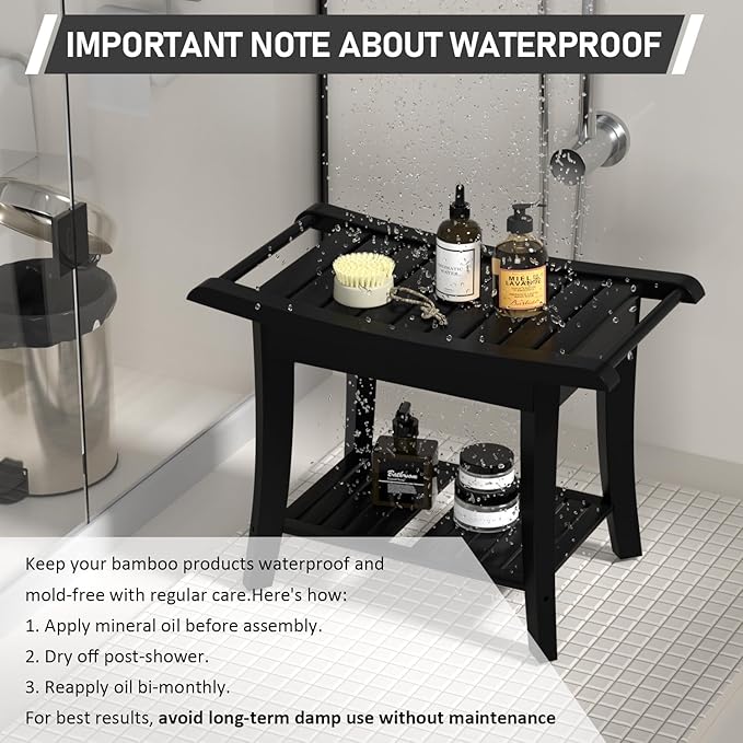 Zhuoyue Bamboo Shower Stool Bench Waterproof with Storage Shelf for Shaving Legs or Spa Bath Seat in Bathroom & Inside Shower for Adults Seniors Elderly (24 x 13.4 x 18.5 inches+Black)