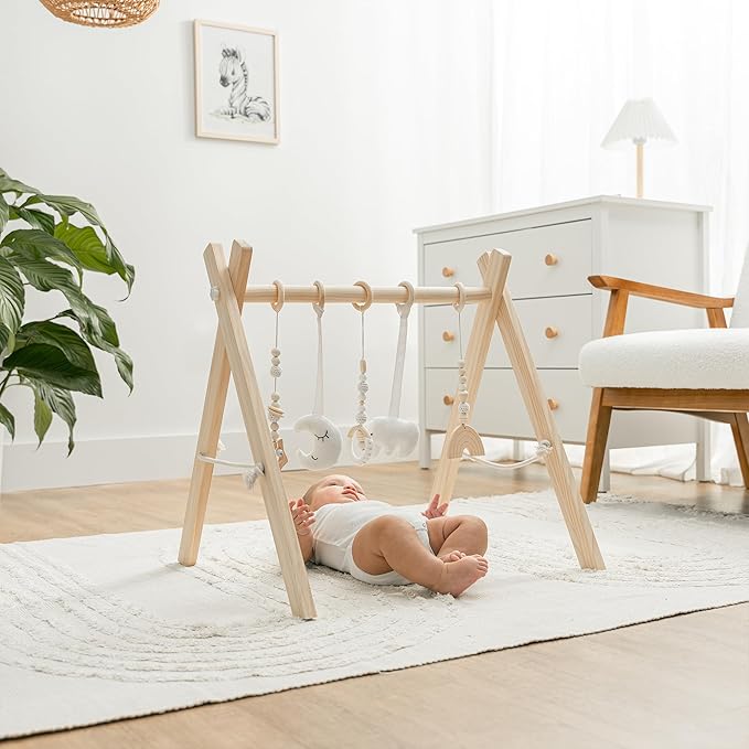 Comfy Cubs Wooden Baby Play Gym - Natural Finish Pinewood Baby Activity Gym with 5 Sensory Hanging Toys - Easy No-Tool Assembly, Safe and Durable for Infant Motor and Visual Development - Natural Wood