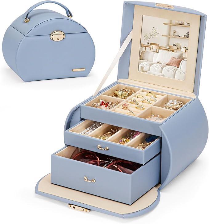 Homde Girls Jewelry Box Jewelry Storage Case Organizer Faux Leather with Mirror for Rings, Earrings, Bracelets, Necklaces (Grey Blue)