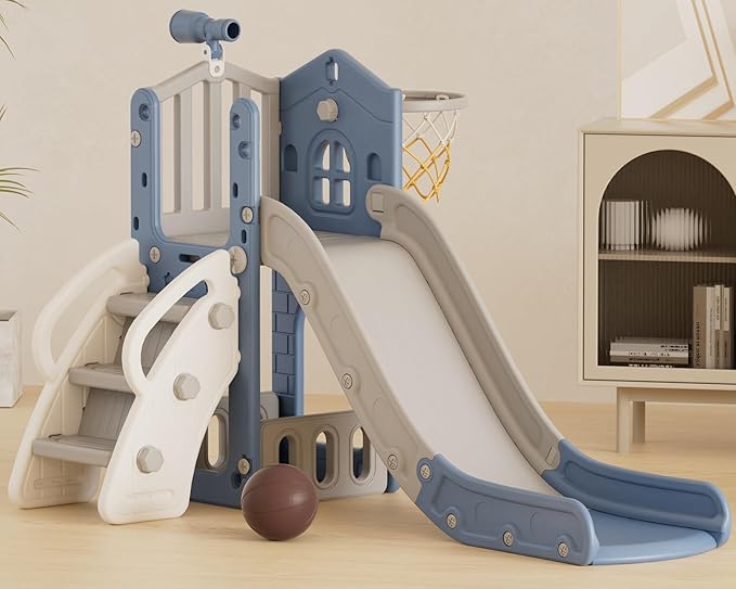 XJD 5 in 1 Toddler Slide, Kids Slide for Toddlers Age 1-3, Outdoor Indoor Playset for Toddlers with Basketball Hoop and Ball, Storage Space and Non-Slip Steps Telescope (Blue)
