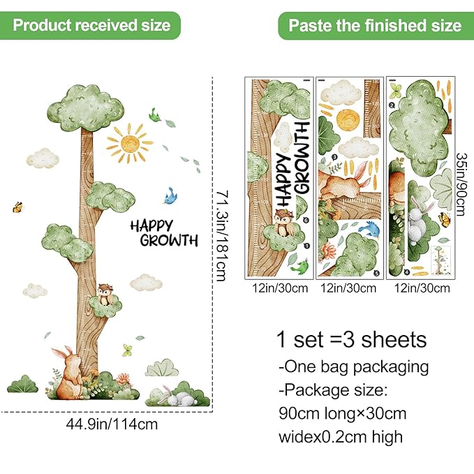 3D Cartoon Height Growth Chart for Kids Wall Stickers Removable DIY Jungle Animals and Plants Height Sticker Peel and Stick Sun White Clouds Wall Art Decor for Nursery Kids Bedroom Living Room