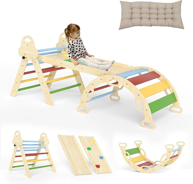 Pikler Triangle Set 7in1 Toddler Climbing Toys Indoor Foldable Baby Climbing Toys Wooden Montessori Climbing Set with Arch, Ramp, Ladder for 1-3 Years, Jungle Gym for Kids