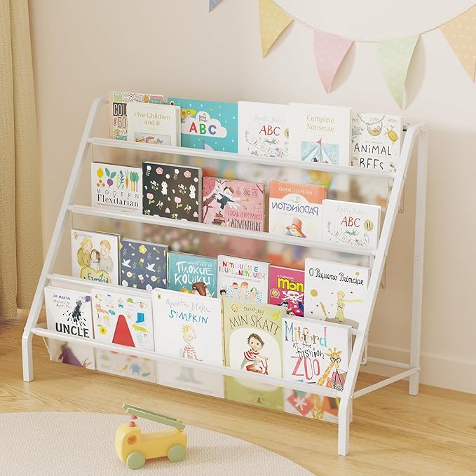 High-Transparent 4 Tier Kids Bookshelf, Sturdy Metal Large Size Book Rack Storage for Kids - Toddler Book Shelf Display for Nurasery, Kids Room, Deep Size Bookshelf Hold More Books