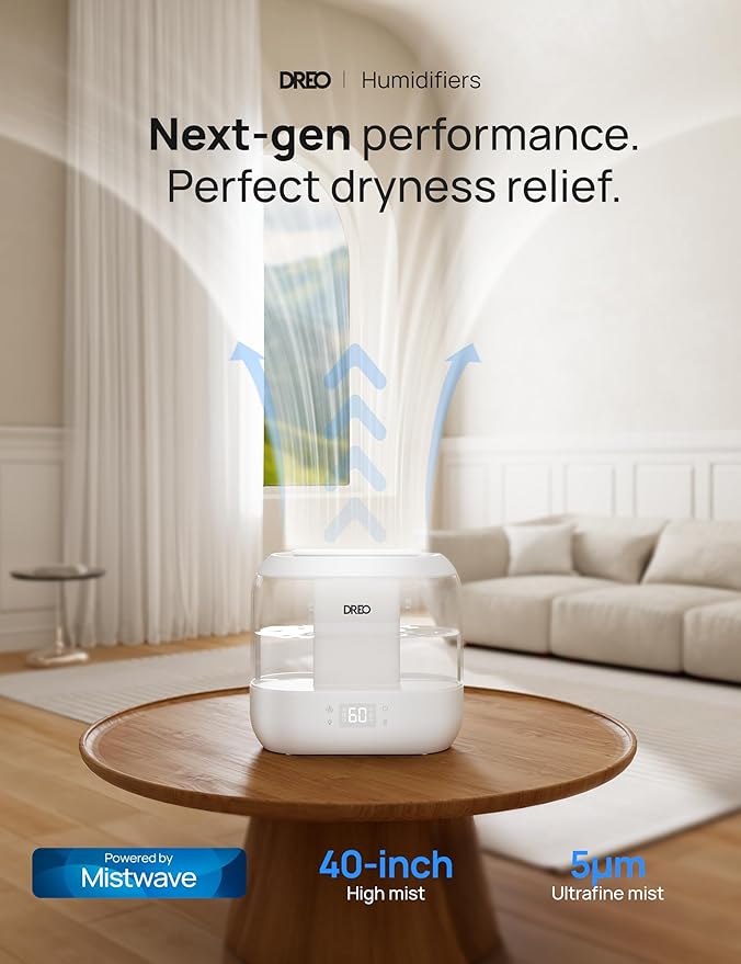 Dreo Smart Humidifier, Cool Mist Humidifiers for Bedroom, Quiet 4L Top Fill Ultrasonic Humidifiers for Home Office Plant & Baby with Nightlight, LED Display, 36H Runtime, APP/Voice Control, HM311S