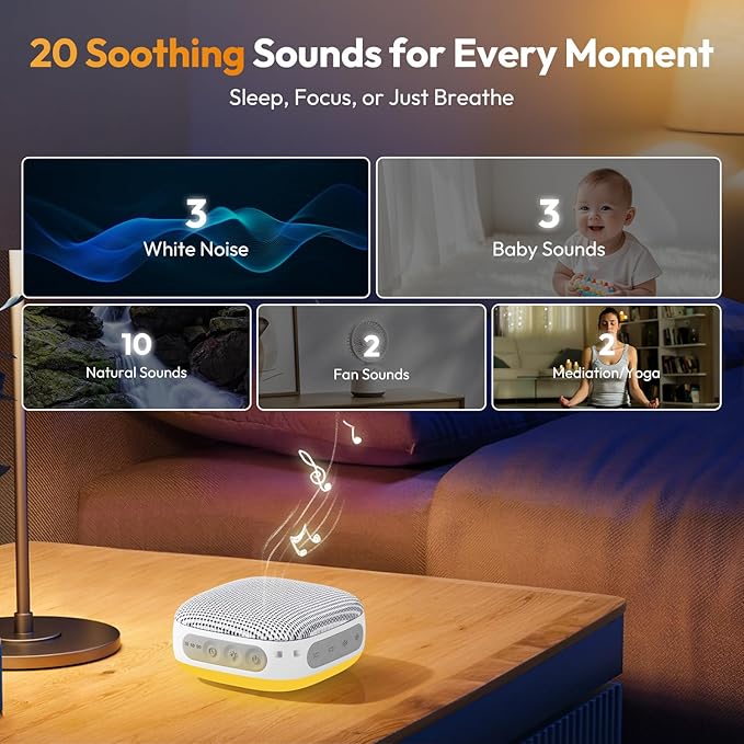 Portable Sound Machine for Travel, White Noise Sound Machine for Sleeping, 52-Hour Lasting Mini Noise Machine with 21 Quality Non-looping Sounds, Headphone Jack, Memory, Timer for Adults,Hotel (White)