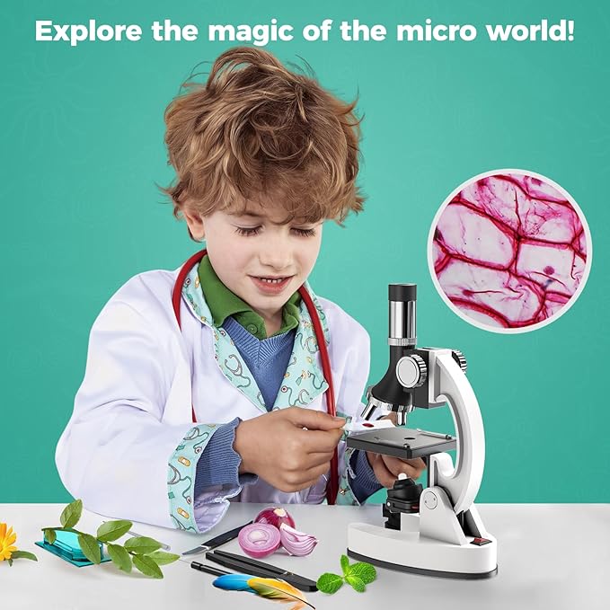 2400X Kids Microscope Science Kit - Handheld Microscope for Kids with Prepared Slides Metal Body LED Light Carrying Box Educational Compound Toy Set for Children Ages 8-12 5 Year Old Boys & Girls Gift