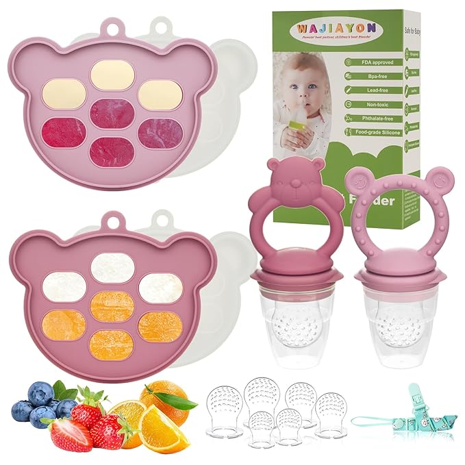 Baby Breastmilk Popsicle Molds & Baby Fruit Feeder (6 Pack), WAJIAYON Baby Food Freezer Tray Storage Containers, Silicone Teething Pacifier Feeder and Teether for Babies,Moss and Fawn Baby Feeder