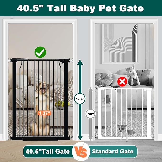 Fairy Baby 40.5" Extra Tall Baby Gate No Drill, 29.6"-40.5" Extra Wide Wide Dog Pet Gate Indoor, Metal Pressure Mounted Safety Child Kid Gate, Auto Close Pet Cat Proof Gate for Stairs Doorway, Black