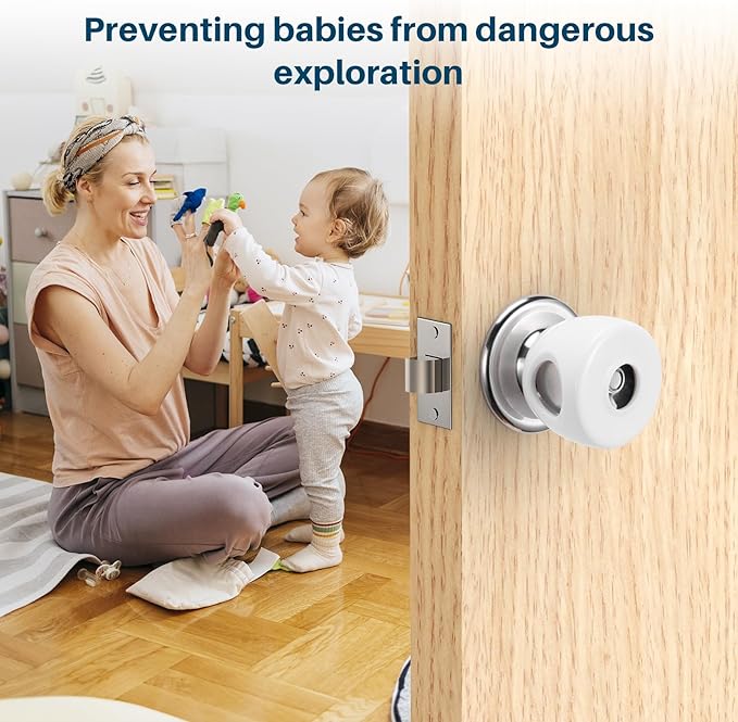 Inaya Baby Proofing Door Knob Cover (4 Pack) - Prevent Children from Opening Doors, Fit Most Round Knobs - Door Knob Safety Cover for Kids, Child Proof Door Lock, Child Proof Door Locks - White