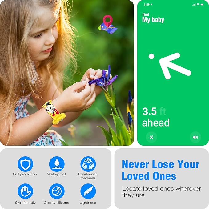 2 Pack AirTag Bracelet for Kids, Waterproof Cute Cartoon Air tag Holder for Kids with Watch Band Design, Full Coverage Silicone Airtag Hidden Accessories for Child, Healthy Material Blue + Yellow