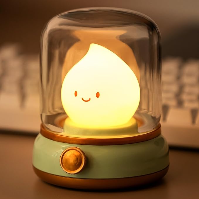 Smiley Night Light for Baby Nursery, Rechargeable Stepless Dimming Small Night Stand Lamps, Cute Forest Green Vintage Lamp Decor Essentials for New Mom, Kids, Baby, Toddler