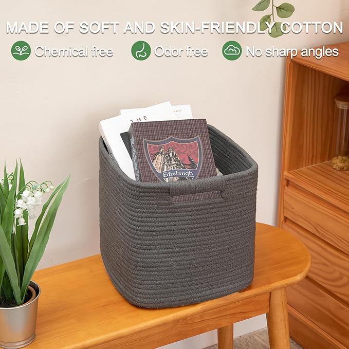 OIAHOMY Storage Cubes 11 Inch Storage Bins-3 Pack, Cotton Rope Woven Baskets for Organizing, Square Baskets for Shelves Organizer, Classroom, Toy Basket, DarK Grey