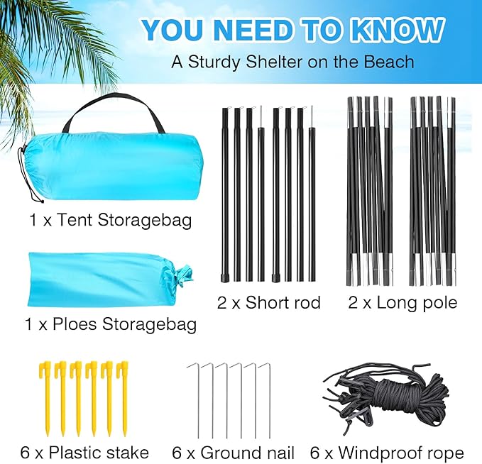 DLUCKY Beach Tent for 1/2/3/4/5/6 Person,Anti-UV Portable Sun Shade ShelterUPF 50+,Both Sides Extendable Floor,Extendable Awning,with 2 Ventilating Mesh Windows,Lightweight & Easy Setup.