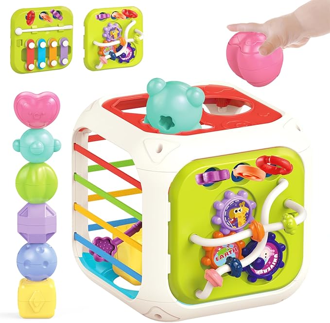 MINGKIDS 7 in1 Sensory Development Multifunctional Sensory Teething Toys for 1 2 Year Old Boy Girl,Shape Sorter Pull String Travel Car Toys for 12 Month