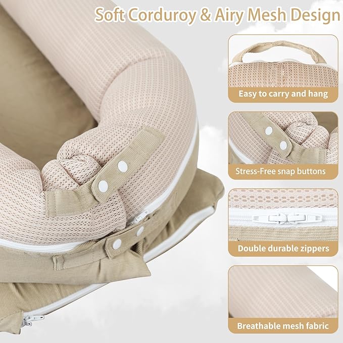 Baby Lounger, Deluxe Infant Lounger, Baby Nest Cover for Baby, Breathable Cotton, Adjustable Baby Floor Seat for Tummy Time, Newborn Essentials for Baby 0-12 Months (Khaki)