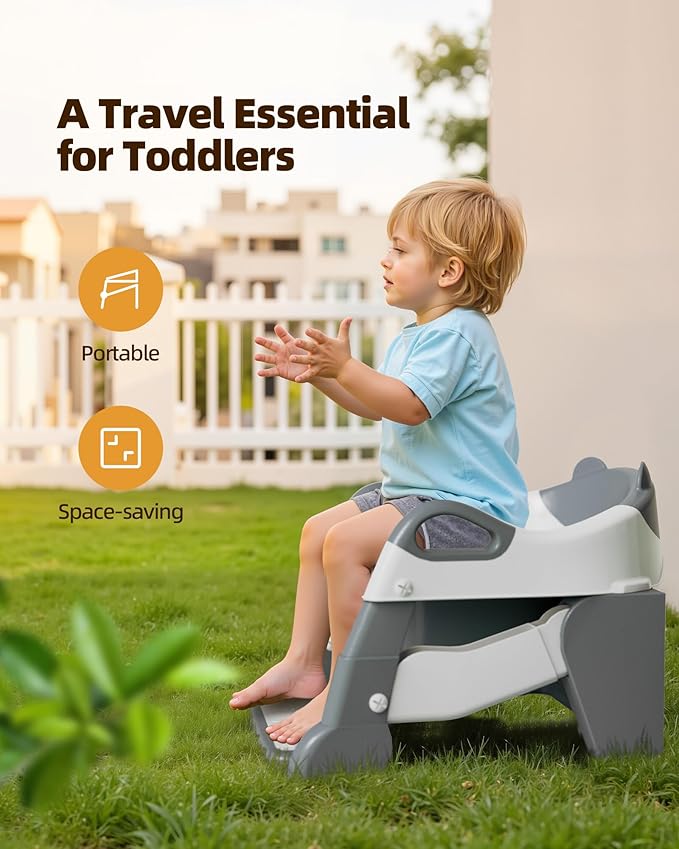 3-in-1 Potty Training Toilet, Toddler Toilet Seat with Step Stool, Foldable Potty Ladder with Potty Chart, PU Cushion, Splash Guard, Anti-Slip Steps & Urinal for Boys & Girls, Grey