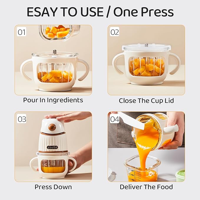 Baby Food Maker-Food Processor, Fruits, Vegetables, Meats, Potatoes, Avocados, Gift Package with A feeding spoon, A bib, A set of 4 separate food ice cube trays, and Two 200ml food storage