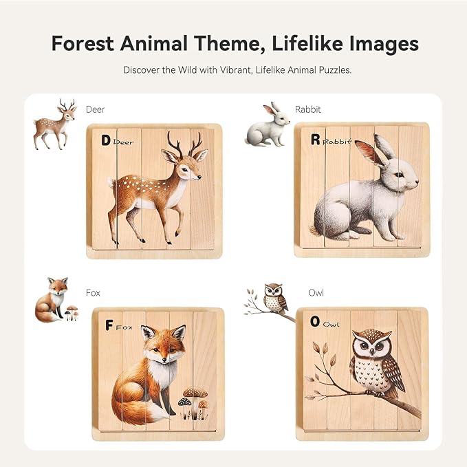 IEATFO 4 in 1 Wooden Animal Chunky Puzzle, 5 Solid Wood Puzzle Blocks with 4 Sides Realistic Forest Animals, Wooden Block Puzzle with Durable Base for Toddlers 3+ Years - Montessori Inspired