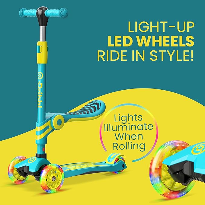Aqua & Yellow 3 Wheel Scooter with Seat for Kids – Light-Up LED Wheels, Adjustable Handlebar and Seat, Smooth PU Wheels, Wide Anti-Slip Deck, Rear Foot Brake – Toddler Outdoor Toys for Ages 2+