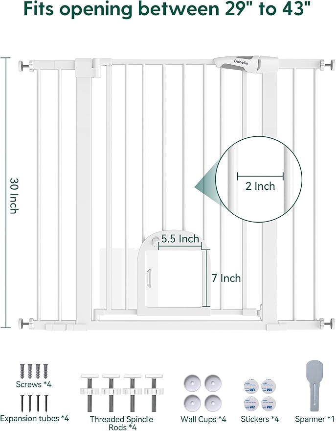 Babelio 36" Tall Upgraded Baby Gate with Cat Door, 29-43" Auto Close Durable Dog Gate for Stairs, Doorways and House, Easy Walk Thru Safety Gate with Pet Door Includes 4 Wall Cups, White
