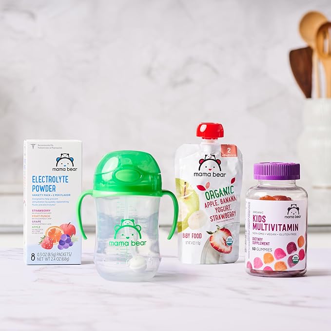 Amazon Brand - Mama Bear Silicone Weighted Straw Sippy Cup, 9 Ounces, Pack of 2, Blue/Green