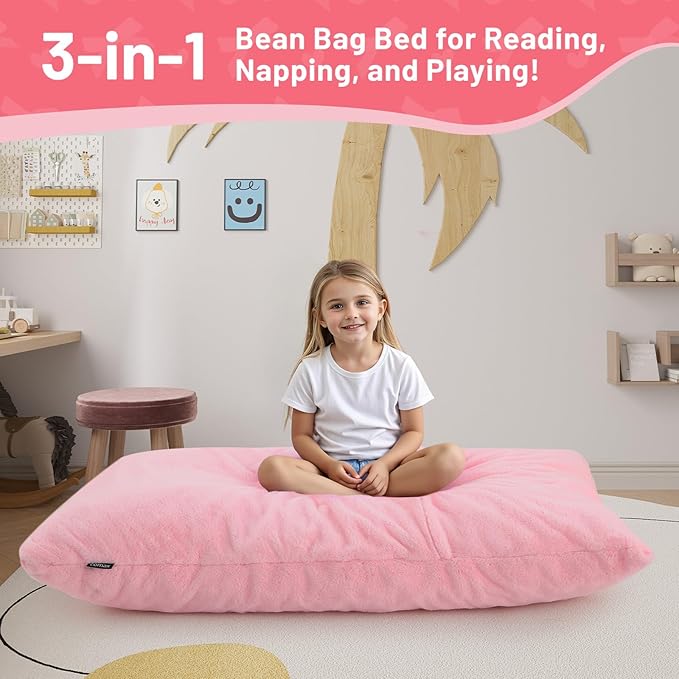 COMAX 3-in-1 Bean Bag Chair for Kids, Toddler Beanbag Bed, Convertible Child Floor Lounger, Floor Mattress with Filler for Girl Boy Sleeping Reading, Pink