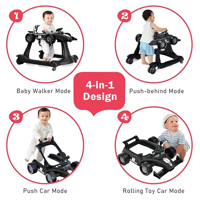 BABY JOY 4-in-1 Baby Walker, Foldable Activity Walker with Adjustable Height & Speed, Music, Lights, Anti-Rollover, Toddler Push Walker, Baby Walker with Wheels for Boys Girls 6-18 Months (Black)