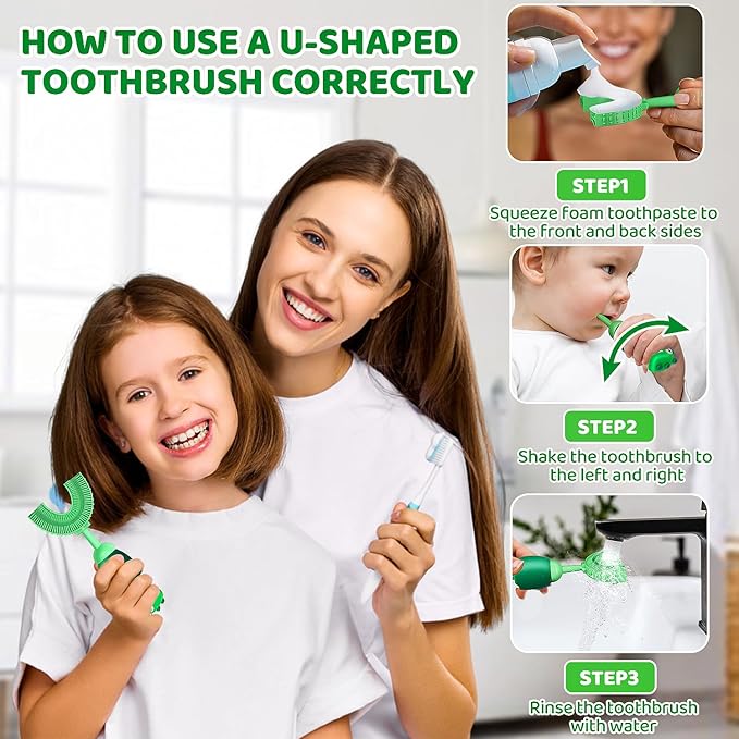 U-Shaped Toothbrush for Kids Ages 2-7， Soft Food-Grade Silicone for Sensitive Gums， 360° Teeth Cleaning Design，Training & Travel-Friendly Toddlers' Toothbrush (Light Green)