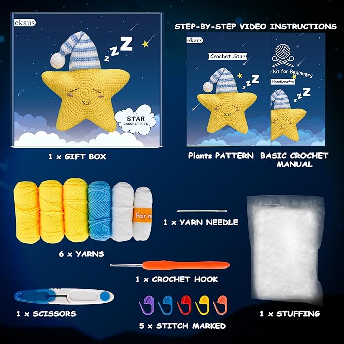 ekaus Crochet Kit for Beginners, Crochet Kit with Step-by-Step Video Tutorials, Crochet DIY Knitting Supplies for Adults Kids, Crochet Star(45%+ Yarn)