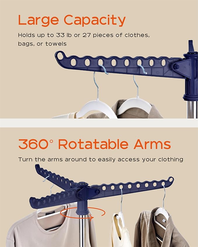 Clothes Drying Rack Foldable, 59 inch Tripod Laundry Drying Rack Indoor with Rotating Clothes Rail for 27 Pieces of Clothes, Space Saving, Blue and Silver CDR001Q01