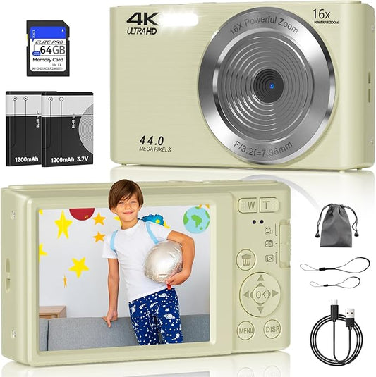 Digital Camera, FHD 4K 44MP Digital Camera, 16X Digital Zoom, Digital Point and Shoot Camera with 3-LED Fill Lights, 64GB SD Card, Compact Camera for Kids Teen Boys Girls, Cream