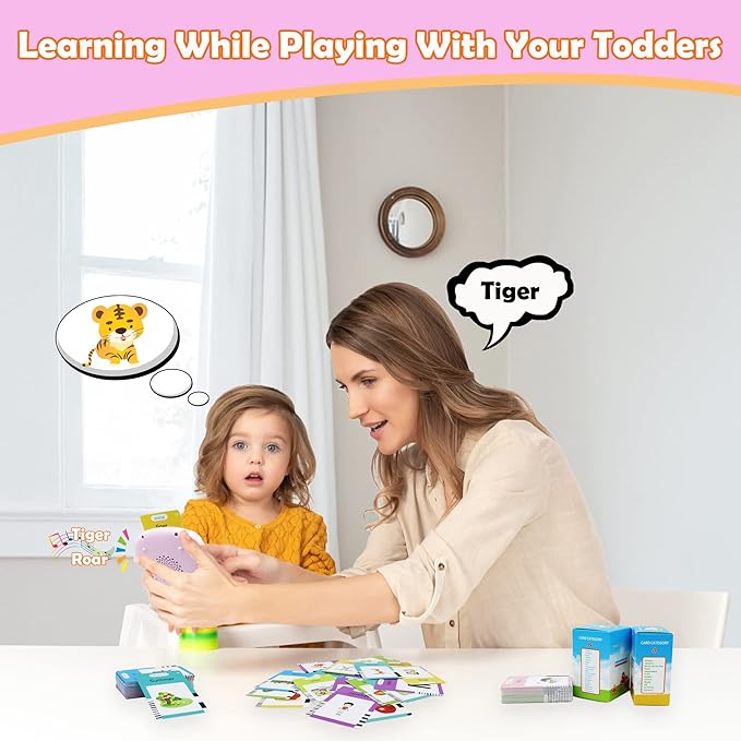 Spanish & English 510 Words Alphabet Bilingual Talking Flash Cards for 3-8 Years Toddlers, Pocket Speech Buddy Therapy Autism Toys, Educational Learning Interactive Toy for Boys Girls Kids Gifts Pink