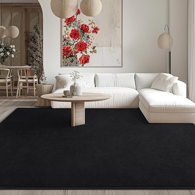 Kimicole 7x10 Washable Area Rugs for Living Room Bedroom, Large Low Pile Ulta-Thin Solid Color Rug, Non-Slip Soft Fluffy Carpet for Nursery Kids Room Dorm Room Home Decor (Black)