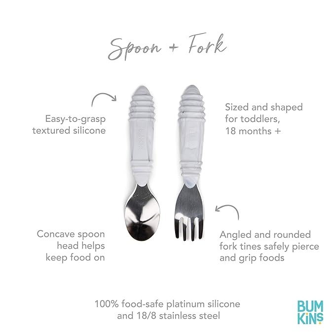 Bumkins Toddler Utensils, Kids Size Fork and Spoon Set, Silicone and Stainless-Steel Training Silverware, Angled Forks / Sporks for Self-Feeding, Children Hold Learning to Eat, 18 Months Up, Marble