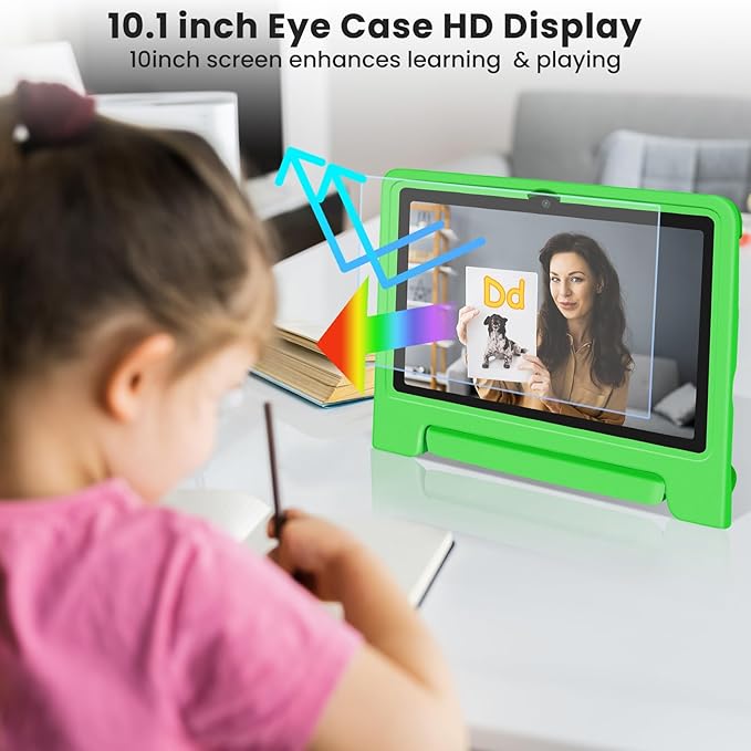 Kids Tablet 10.1 inch Android 14 Octa-Core 64GB 6000mAh Kids Space Parental Control 1280 * 800 HD Touchscreen Shockproof Case Dual Camera Gift for Toddler Children (Green)