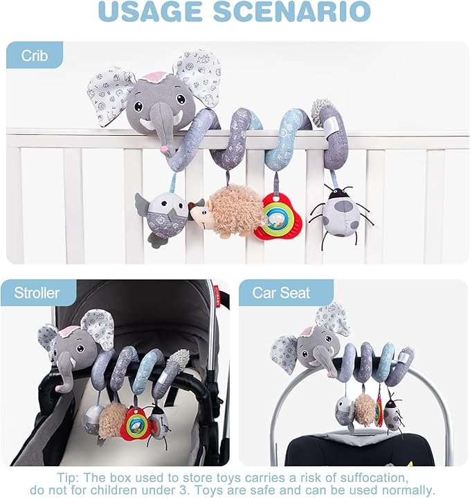 Jollybaby Baby Car Seat Stroller Toys, Plush Activity Hanging Spiral Activity Pram Crib with Music Box, Rattles, Squeaker for Babies Infant Boys Girls (SZ Gray Elephant)
