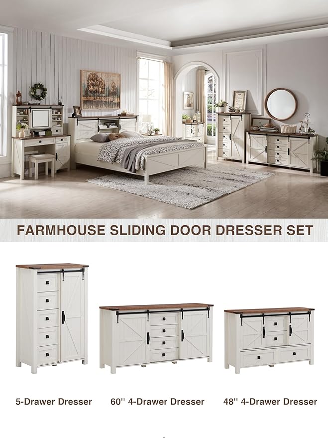 T4TREAM Farmhouse Dresser for Bedroom w/4 Drawers & Sliding Barn Doors, 48'' Wide Chest of Drawers, Rustic Dresser TV Stand w/Shelf, Organizer for Bedroom, Living Room, Entryway, Antique White