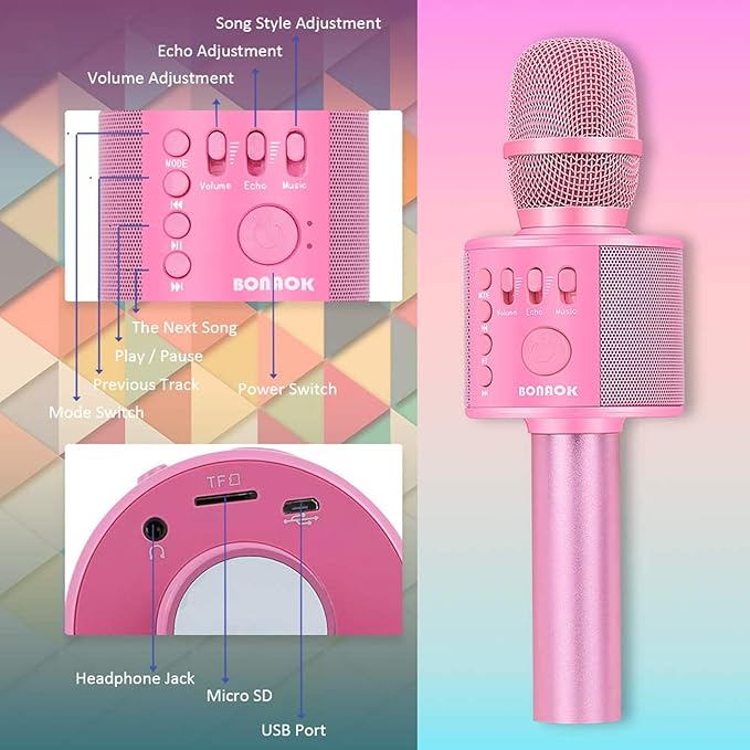 BONAOK Wireless Bluetooth Karaoke Microphone,3-in-1 Portable Handheld Karaoke Mic Speaker Machine Home Party Birthday for All Smartphones Q37 (P-Ink)