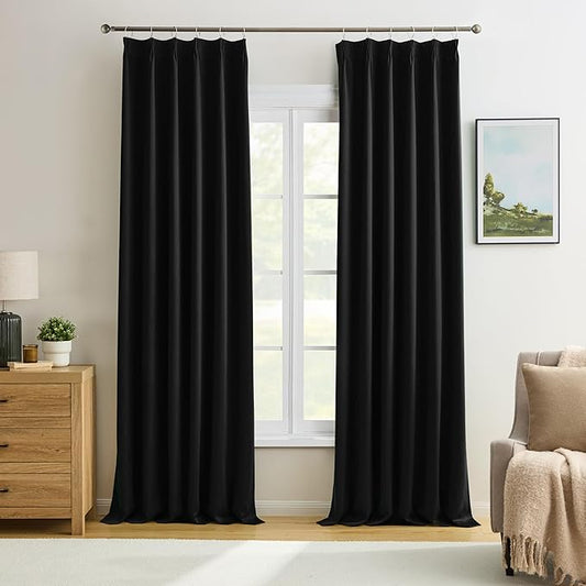 KEQIAOSUOCAI Black Curtains Blackout 126 Inches Long, Luxury Faux Silk Polyester Pinch Pleated Thermal Insulated Black Out Curtains with Hooks for Living Room Home Office 40x126