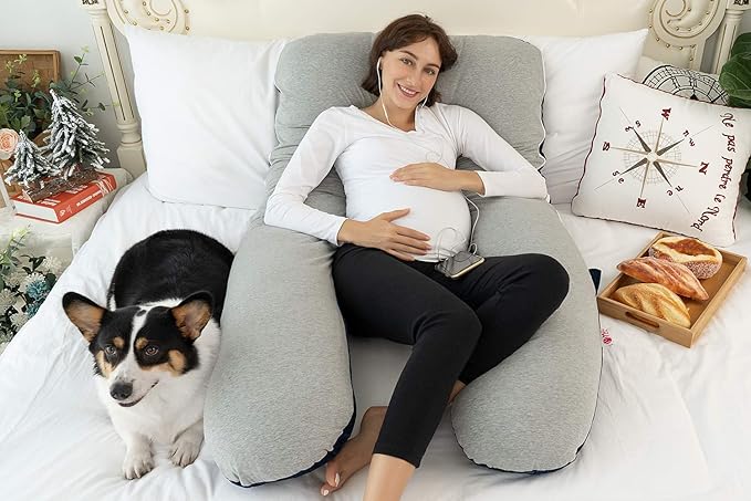 Meiz Pregnancy Pillow, Cooling Pregnancy Pillows for Sleeping, Full Body Pregnancy Pillow with Reversible Cooling Jersey Cover & Velvet Cover, Blue & Grey
