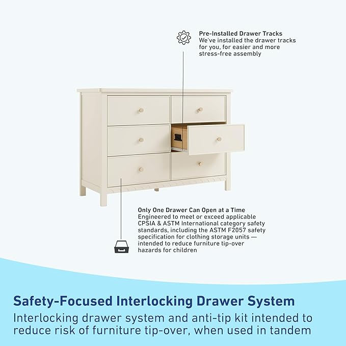 Graco Sasha 6 Drawer Dresser (Frosted Oat) – GREENGUARD Gold Certified, Wood Storage for Nursery or Kids’ Room, Safe Interlocking Drawer System & Easy Assembly with Pre-Installed Tracks