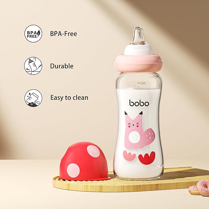 YOHKOH Natural Glass Baby Bottle with Natural Response Nipple, Newborn Anti-Colic Baby Bottles, Wide Neck Mushroom Cap Baby Bottle, Clear (8.8ounce (Pack of 4), Red2)