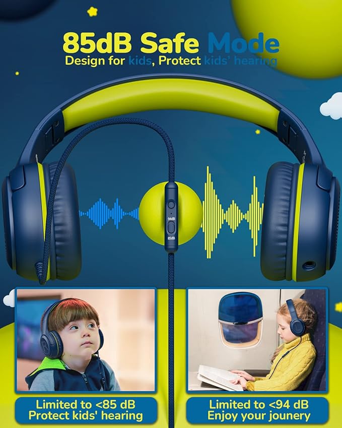 Kids Headphones Wired Toddler Headphones with Microphone, Over-Ear Headphones, 85/94dB Volume-Limiting, 3.5mm Jack, Foldable On-Ear Design (Bluegreen+Pink)
