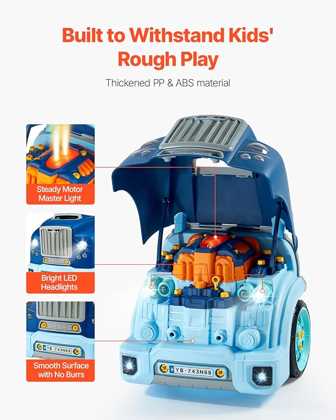 VEVOR Engine Toy, 60 Pieces, Kids Mechanic Car Repair Set with Removable Parts, Lights and Sounds, Steering Wheel and Horn, Kids Mechanic Workshop Set for Toddler Ages 3 Years and Up, Blue